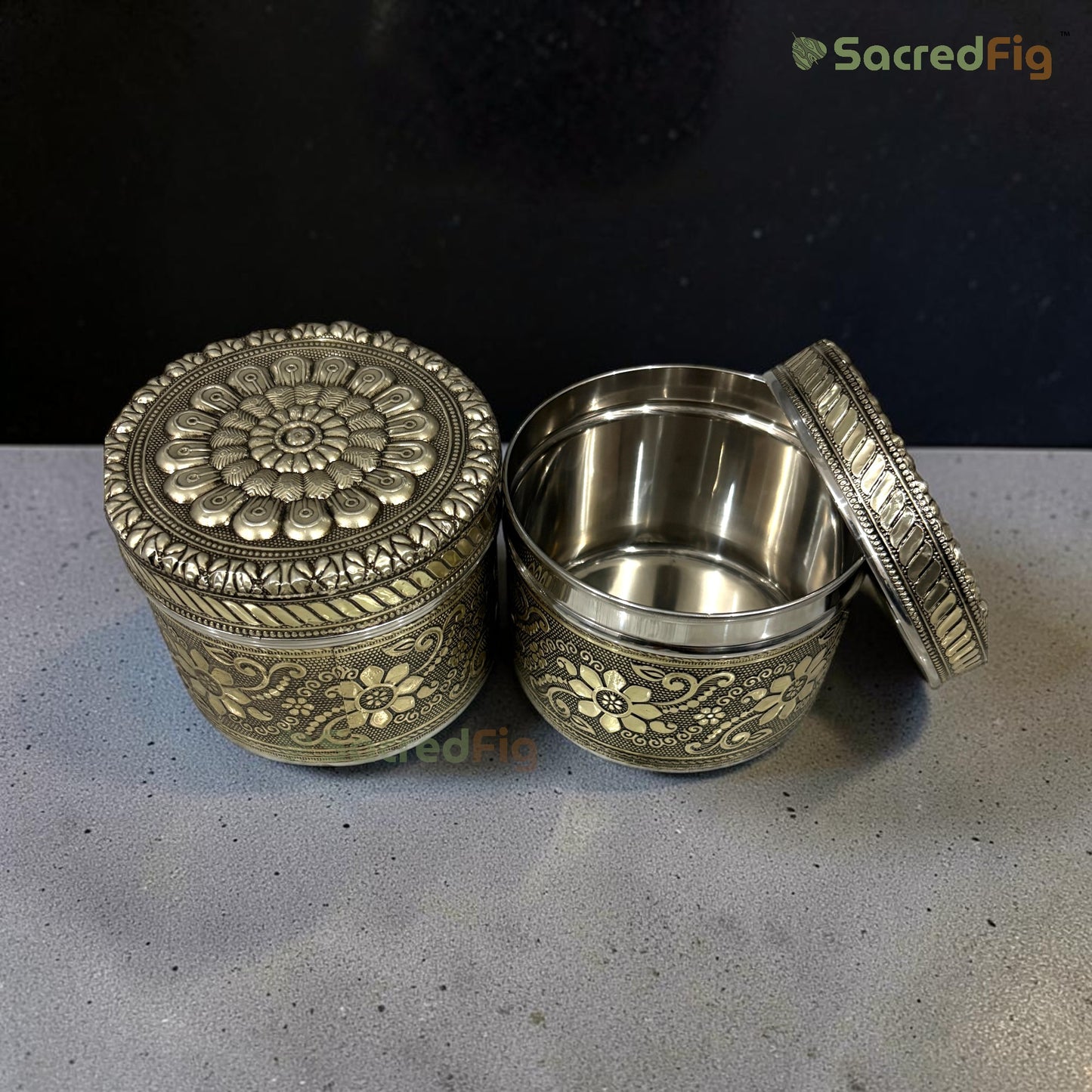 SacredFig Stainless Steal Retro Jar - Set of 2 | Elegant Floral Storage Container | Perfect for Gifting & Home Organisation