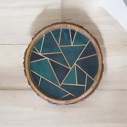 Round Wooden Tray with Teal Blue Geometric Pattern | Bark Wood Resin Decorative Tray | 12 in (d)