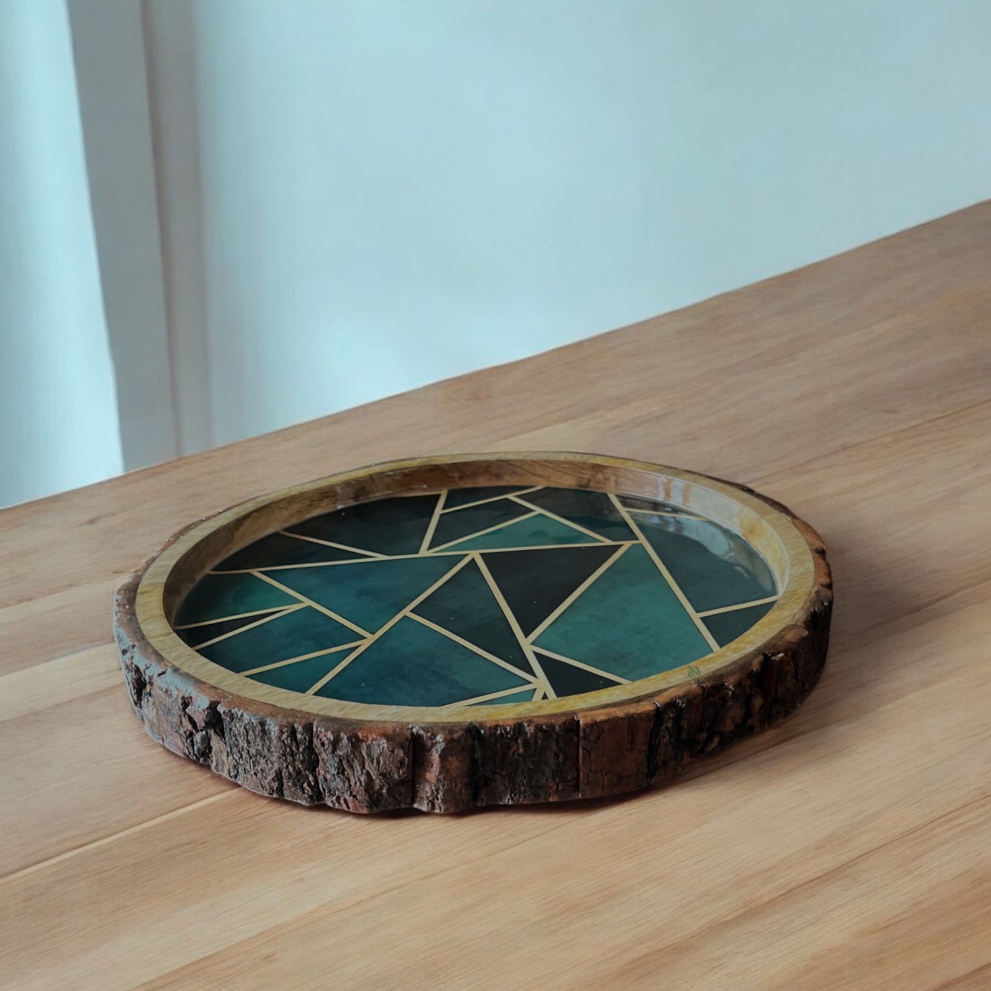Round Wooden Tray with Teal Blue Geometric Pattern | Bark Wood Resin Decorative Tray | 12 in (d)