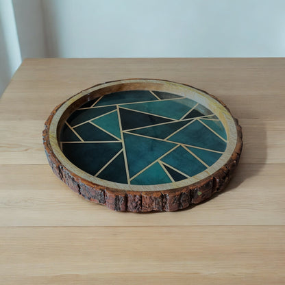 Round Wooden Tray with Teal Blue Geometric Pattern | Bark Wood Resin Decorative Tray | 12 in (d)