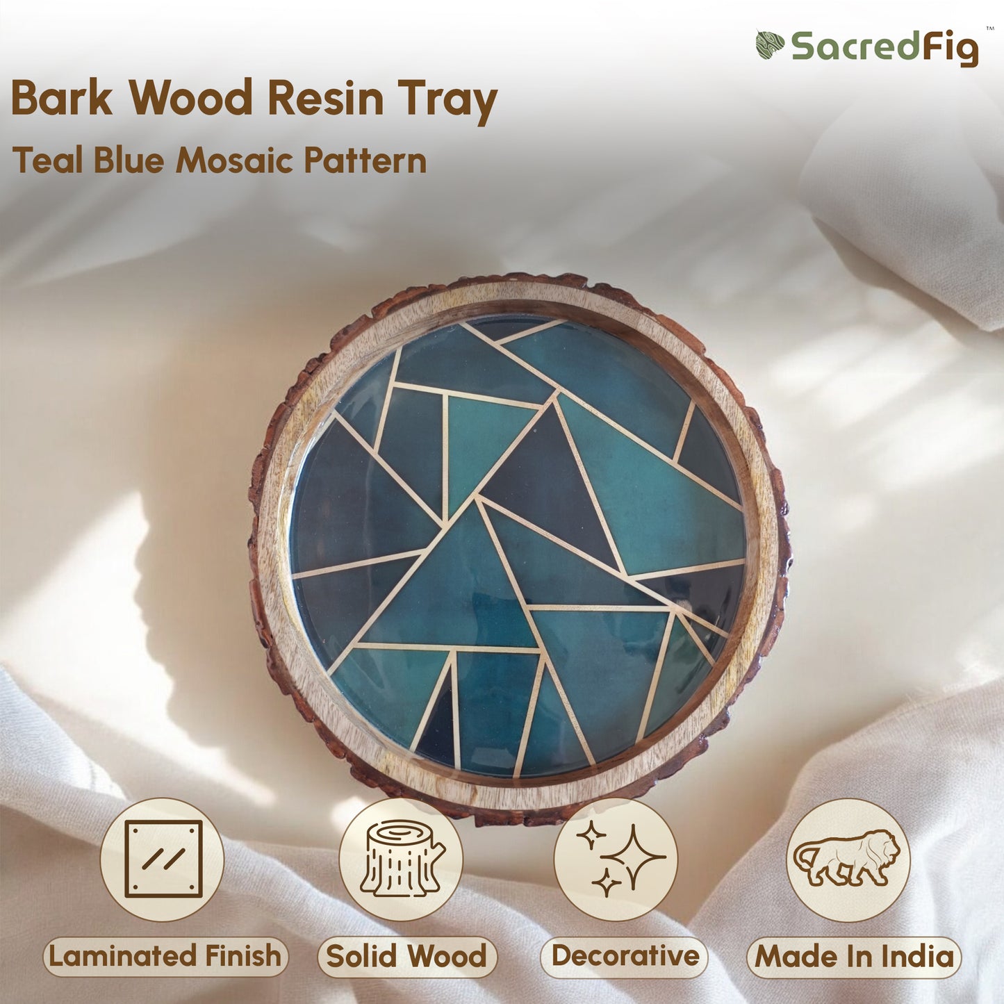 Round Wooden Tray with Teal Blue Geometric Pattern | Bark Wood Resin Decorative Tray | 12 in (d)