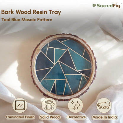 Round Wooden Tray with Teal Blue Geometric Pattern | Bark Wood Resin Decorative Tray | 12 in (d)