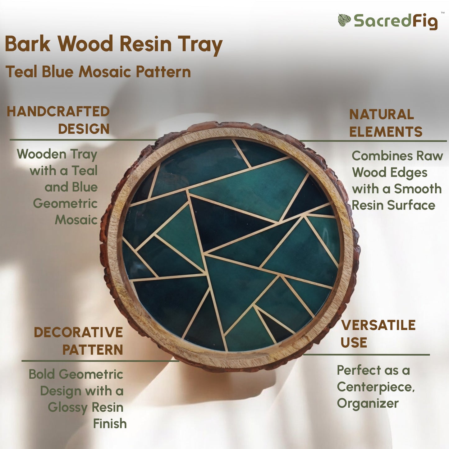 Round Wooden Tray with Teal Blue Geometric Pattern | Bark Wood Resin Decorative Tray | 12 in (d)