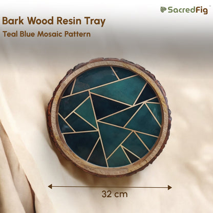 Round Wooden Tray with Teal Blue Geometric Pattern | Bark Wood Resin Decorative Tray | 12 in (d)