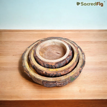 SacredFig Rustic Mango Round Wood Trays| Set of 3 Serving and Decorative Trays | S,M,L sizes