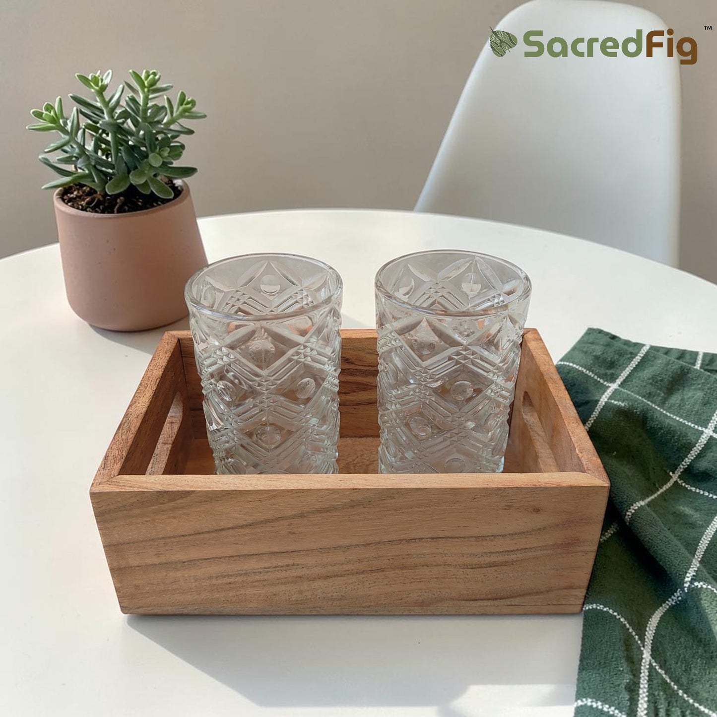 SacredFig Acacia Wood Coffee Serving  Tray & Organizer | Multipurpose Rectangular Tray (8x5 in)