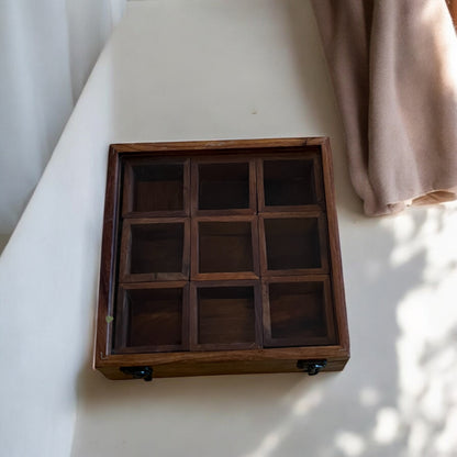 Sheesham Wood Masala Box Large 10x10 in | Removable 9 compartments | Handcrafted Large Wooden Spice Box