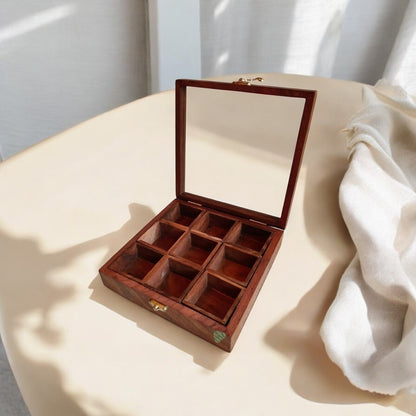 Sheesham Wood Multipurpose Box Condiment Set, Mukhvaas Box | 9 compartments by SacredFig| 8×8 in