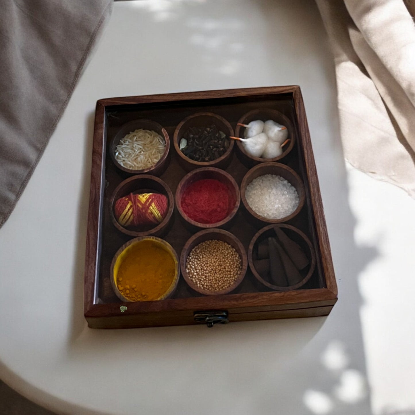 SacredFig Sheesham Wood Premium Storage Box | 9 removable round compartments | Multipurpose Storage Box | 8×8 in