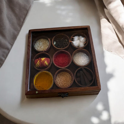 SacredFig Sheesham Wood Premium Storage Box | 9 removable round compartments | Multipurpose Storage Box | 8×8 in