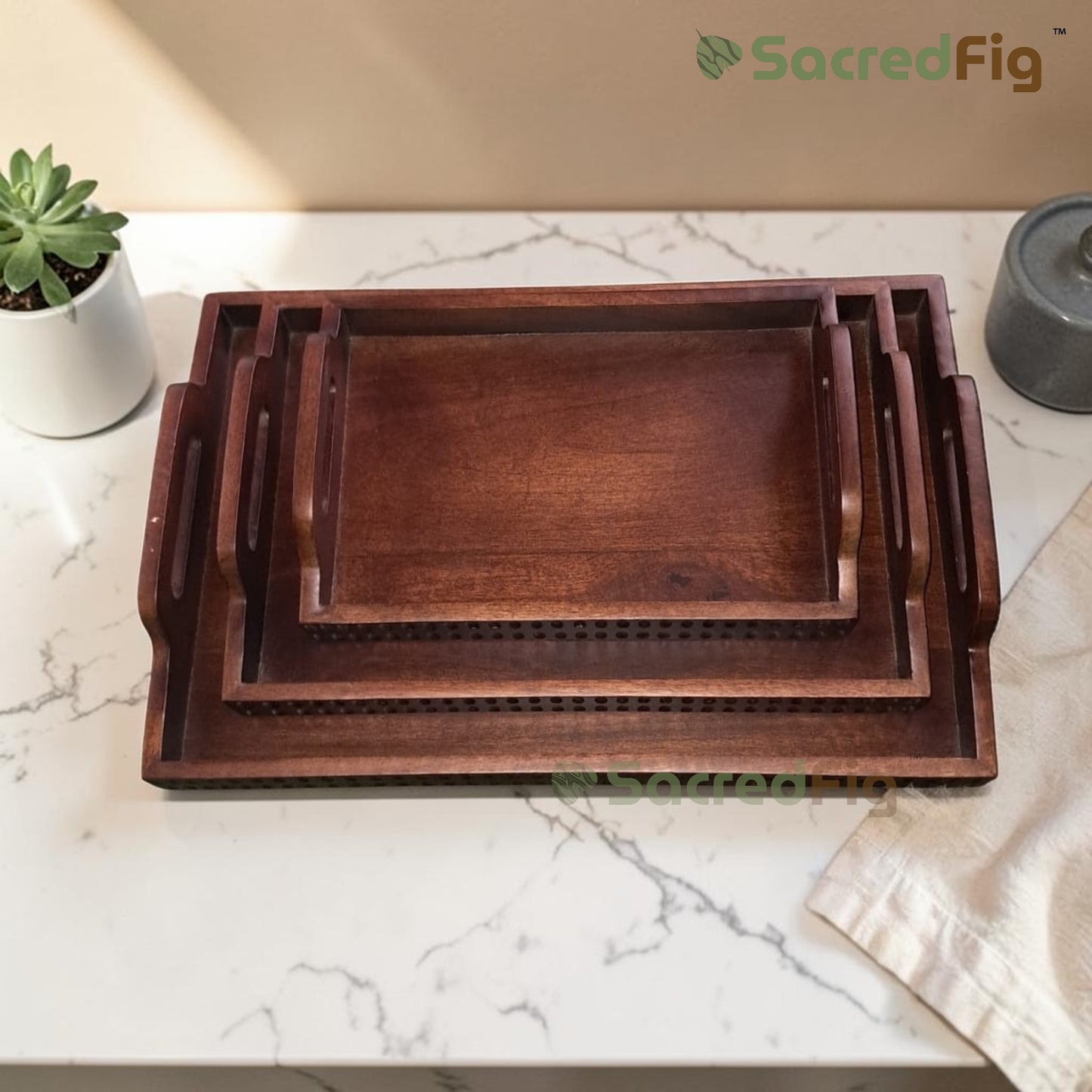SacredFig Aura Premium Serving Tray, Mango Wood | Handcrafted Wooden Serveware