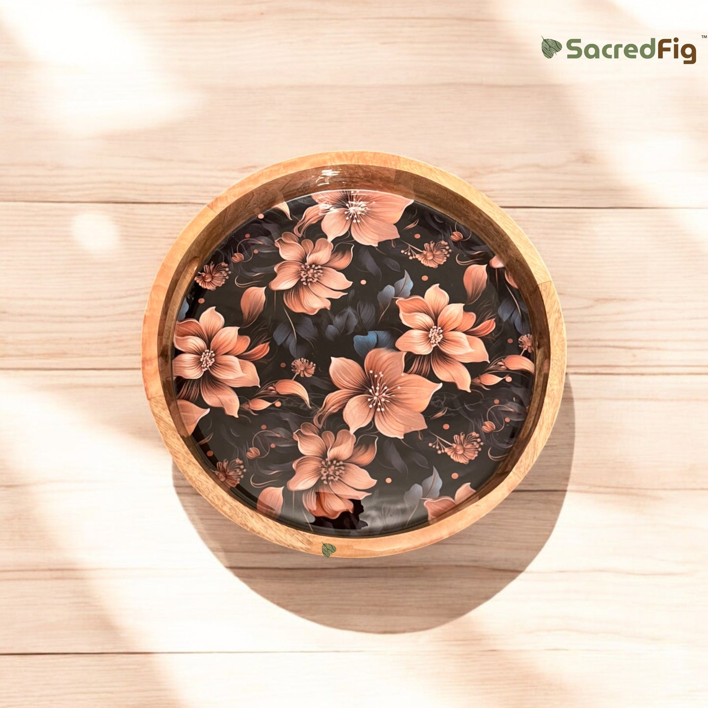 SacredFig Resin Serving Tray| Round Multicolored Floral Tray| Serving Tray | 12 in (d)