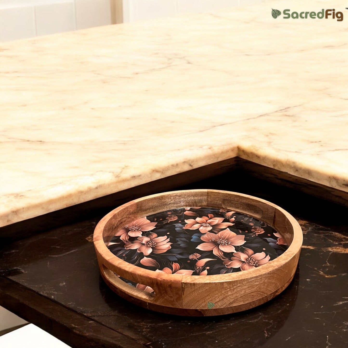 SacredFig Resin Serving Tray| Round Multicolored Floral Tray| Serving Tray | 12 in (d)