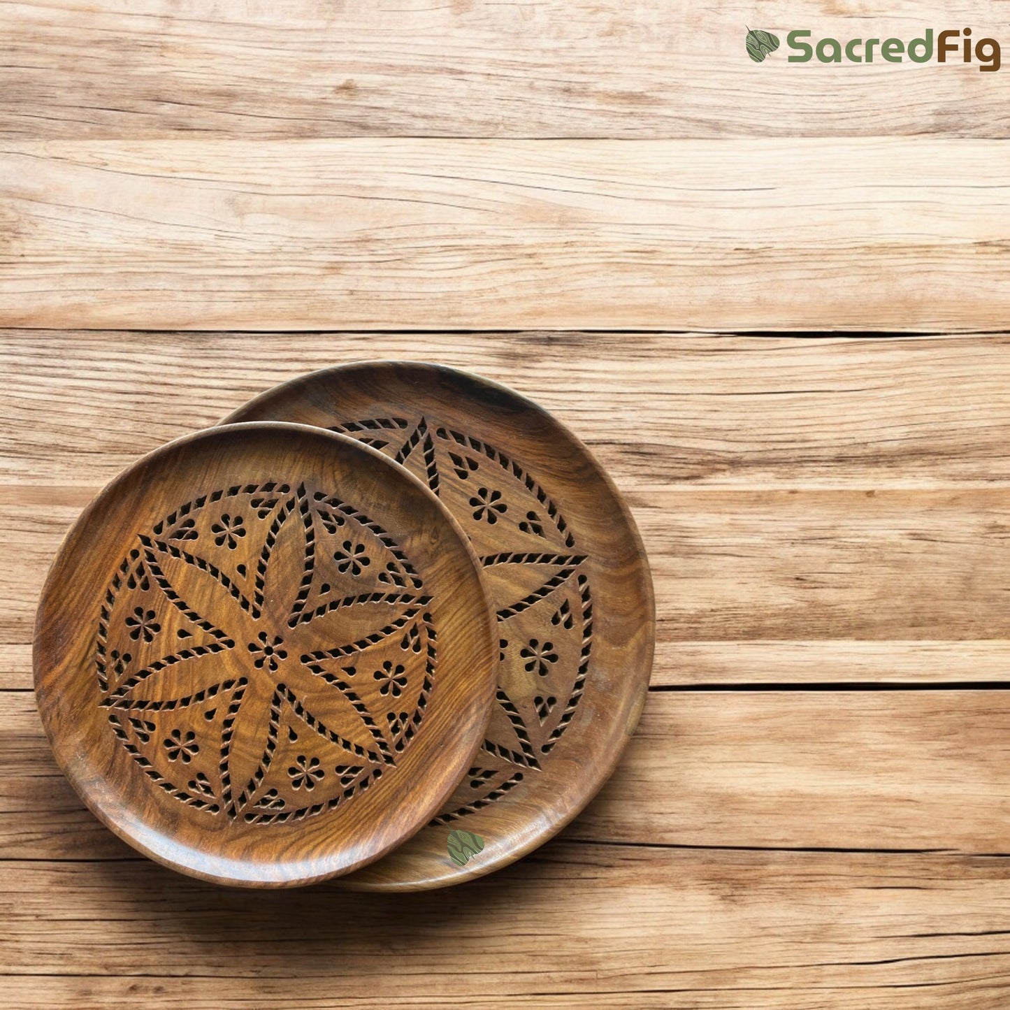 SacredFig Serving Plate and Tray| Wooden Plate| Flower Carving Tray | S, L sizes