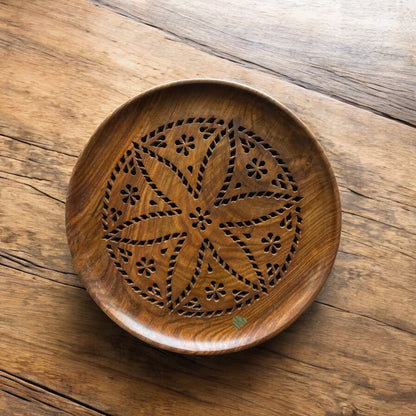 SacredFig Serving Plate and Tray| Wooden Plate| Flower Carving Tray | S, L sizes