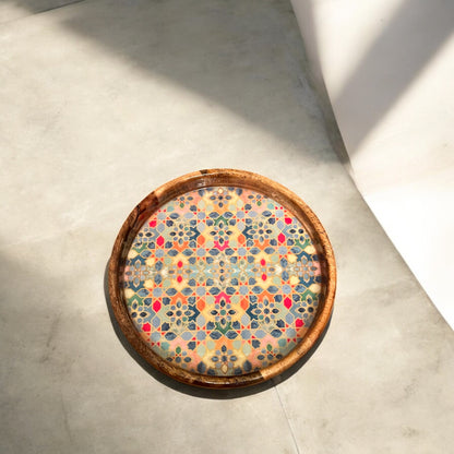 SacredFig Serving and Decorative Round Tray| Multicolored Mosaic Tray| Set of 2 | S 12×2 in| L 14×2 in