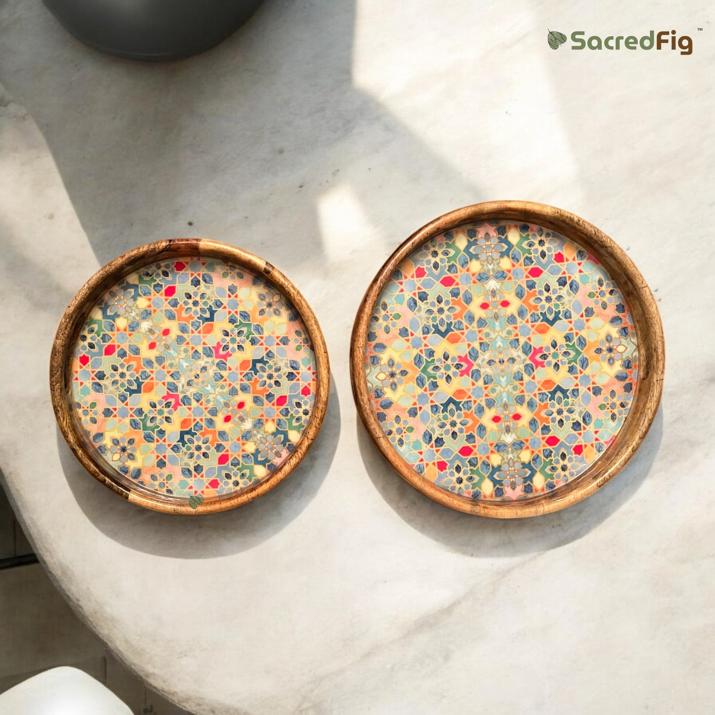 SacredFig Serving and Decorative Round Tray| Multicolored Mosaic Tray| Set of 2 | S 12×2 in| L 14×2 in