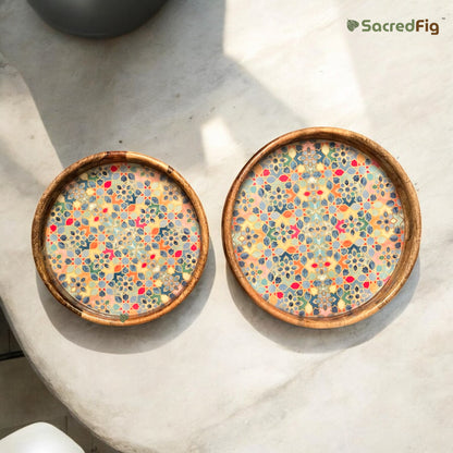 SacredFig Serving and Decorative Round Tray| Multicolored Mosaic Tray| Set of 2 | S 12×2 in| L 14×2 in