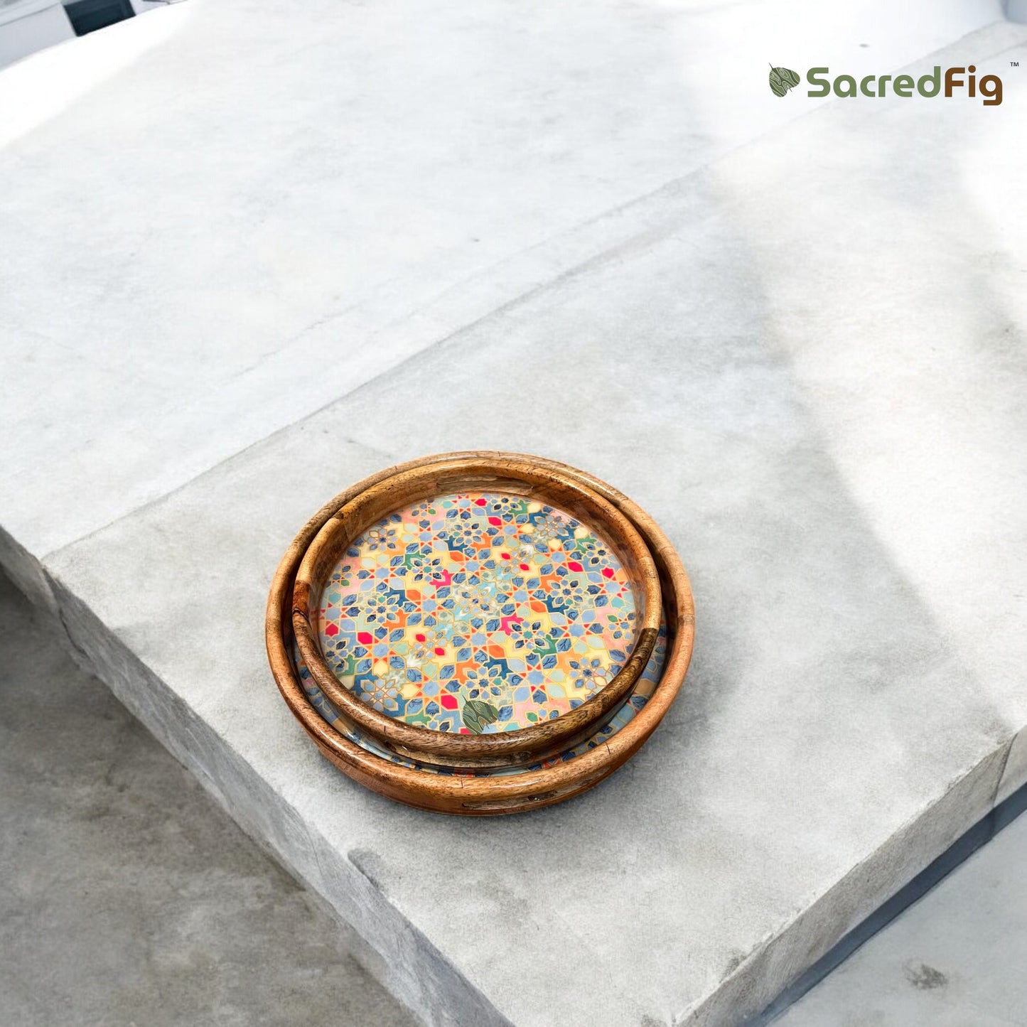 SacredFig Serving and Decorative Round Tray| Multicolored Mosaic Tray| Set of 2 | S 12×2 in| L 14×2 in