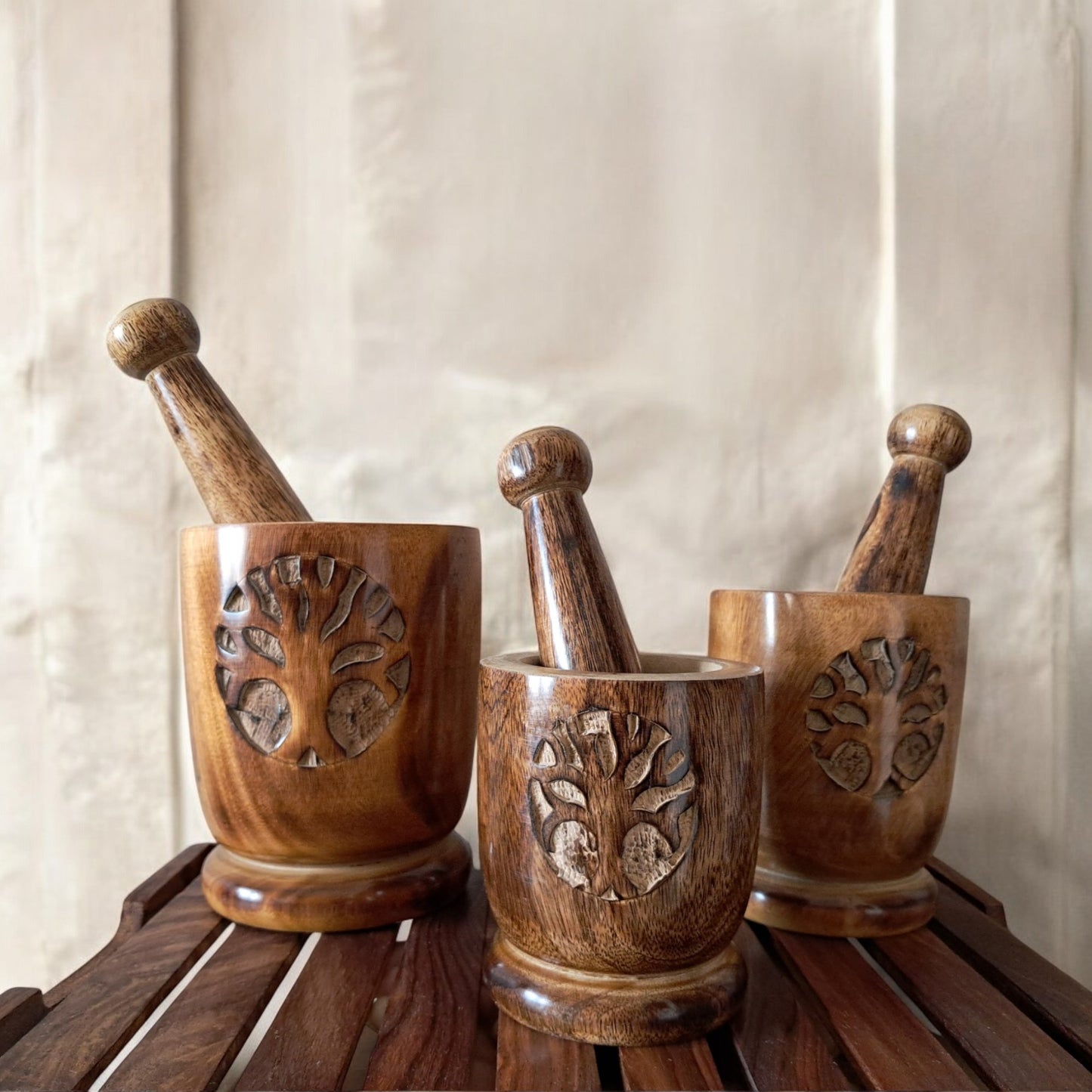 SacredFig Wooden Mortar Set| Okhli Musal for Grinding Spices, Masala Grinder| S,M,L Sizes