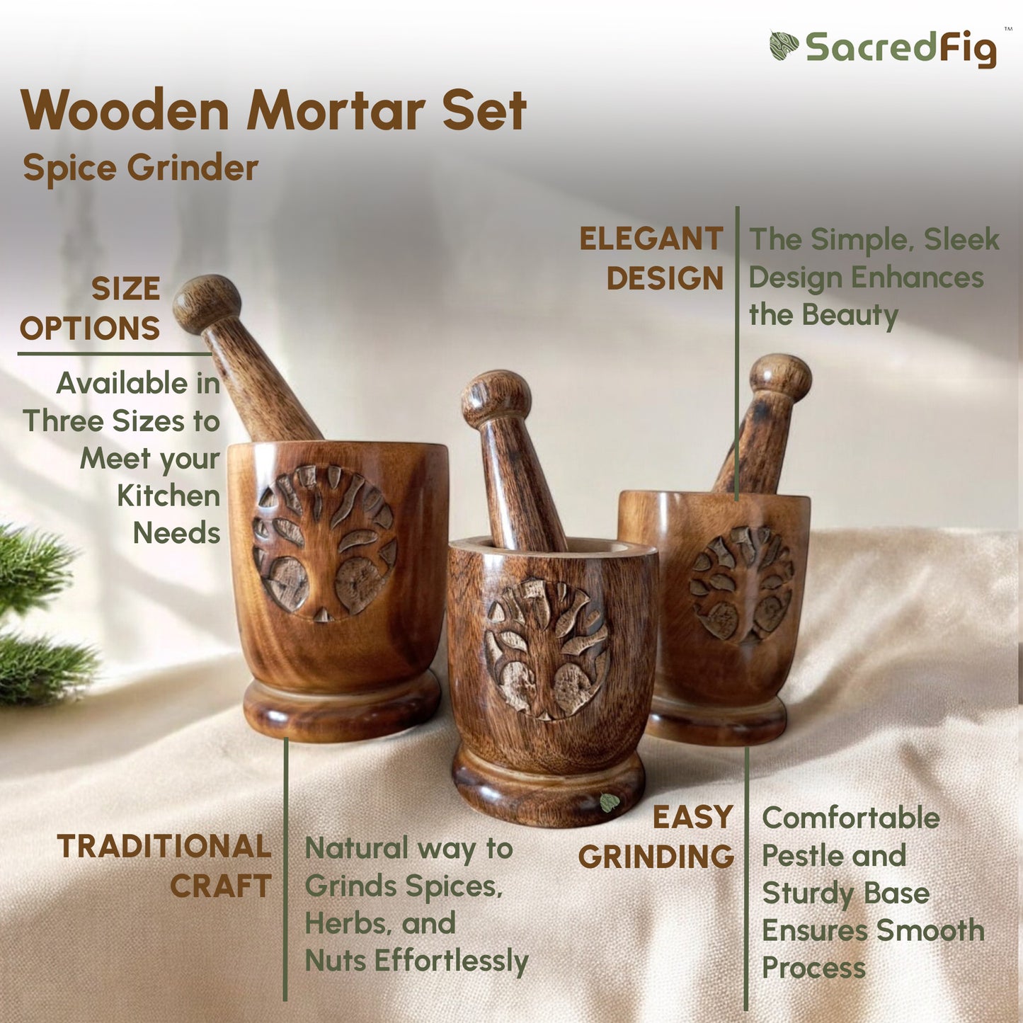 SacredFig Wooden Mortar Set| Okhli Musal for Grinding Spices, Masala Grinder| S,M,L Sizes