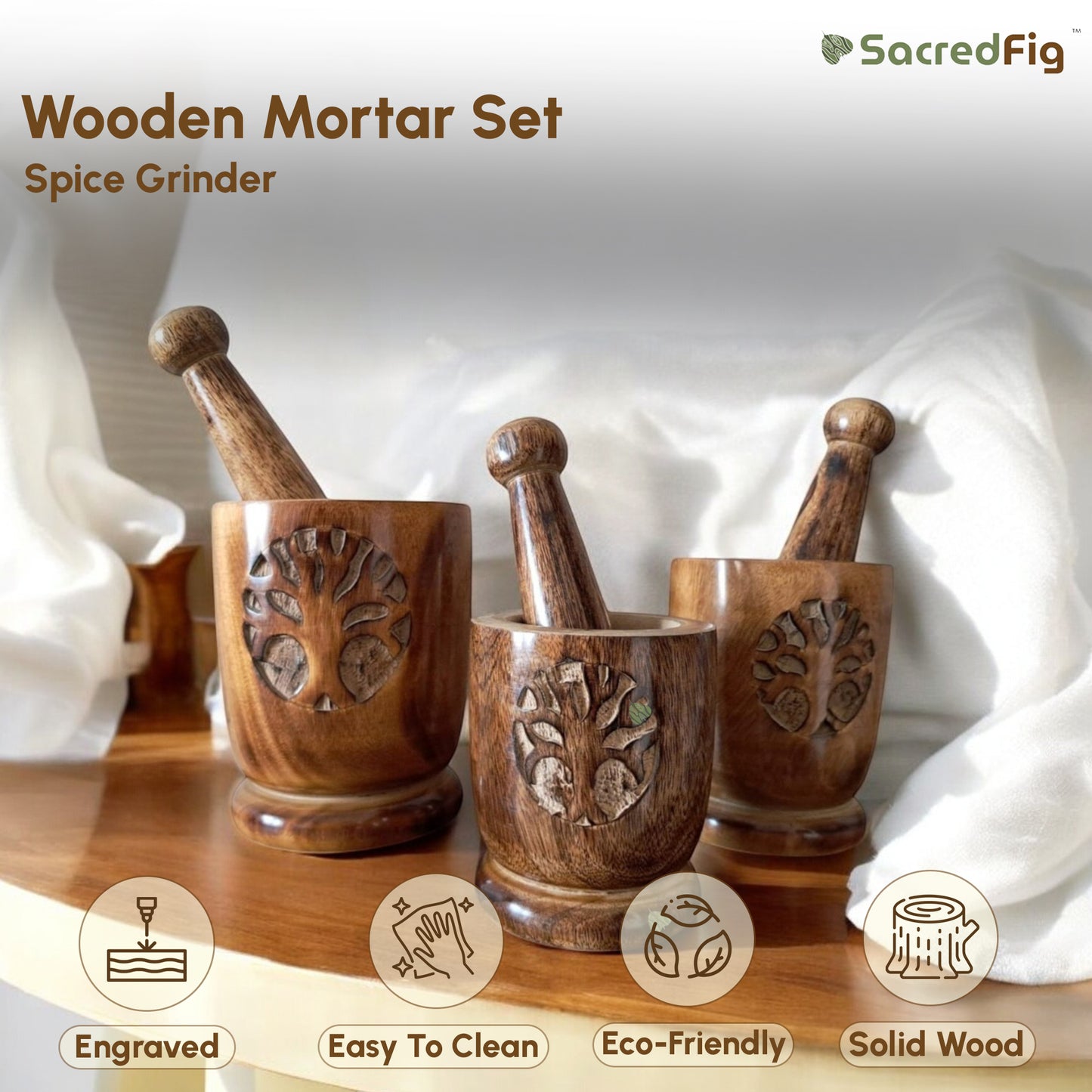 SacredFig Wooden Mortar Set| Okhli Musal for Grinding Spices, Masala Grinder| S,M,L Sizes