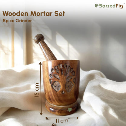 SacredFig Wooden Mortar Set| Okhli Musal for Grinding Spices, Masala Grinder| S,M,L Sizes