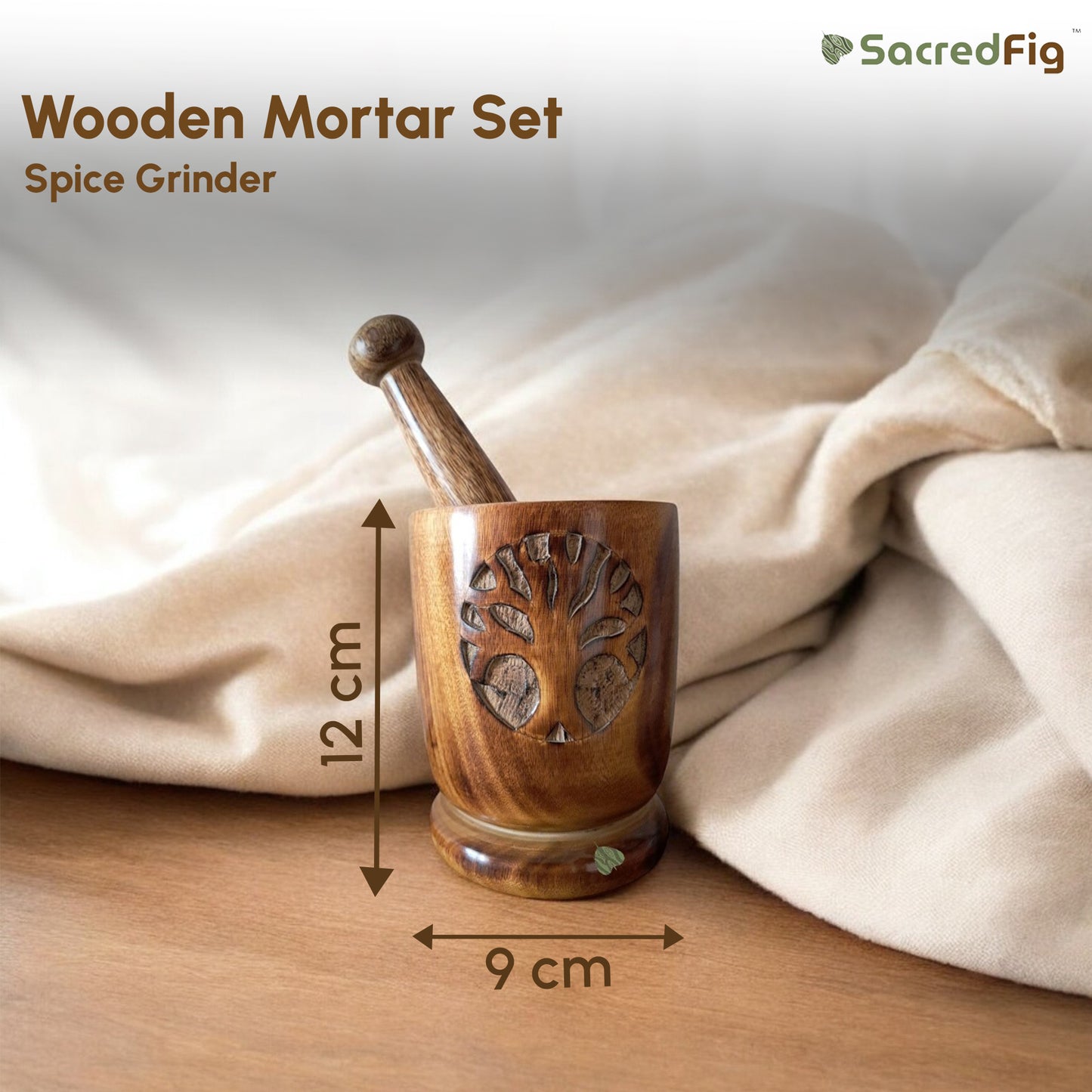 SacredFig Wooden Mortar Set| Okhli Musal for Grinding Spices, Masala Grinder| S,M,L Sizes