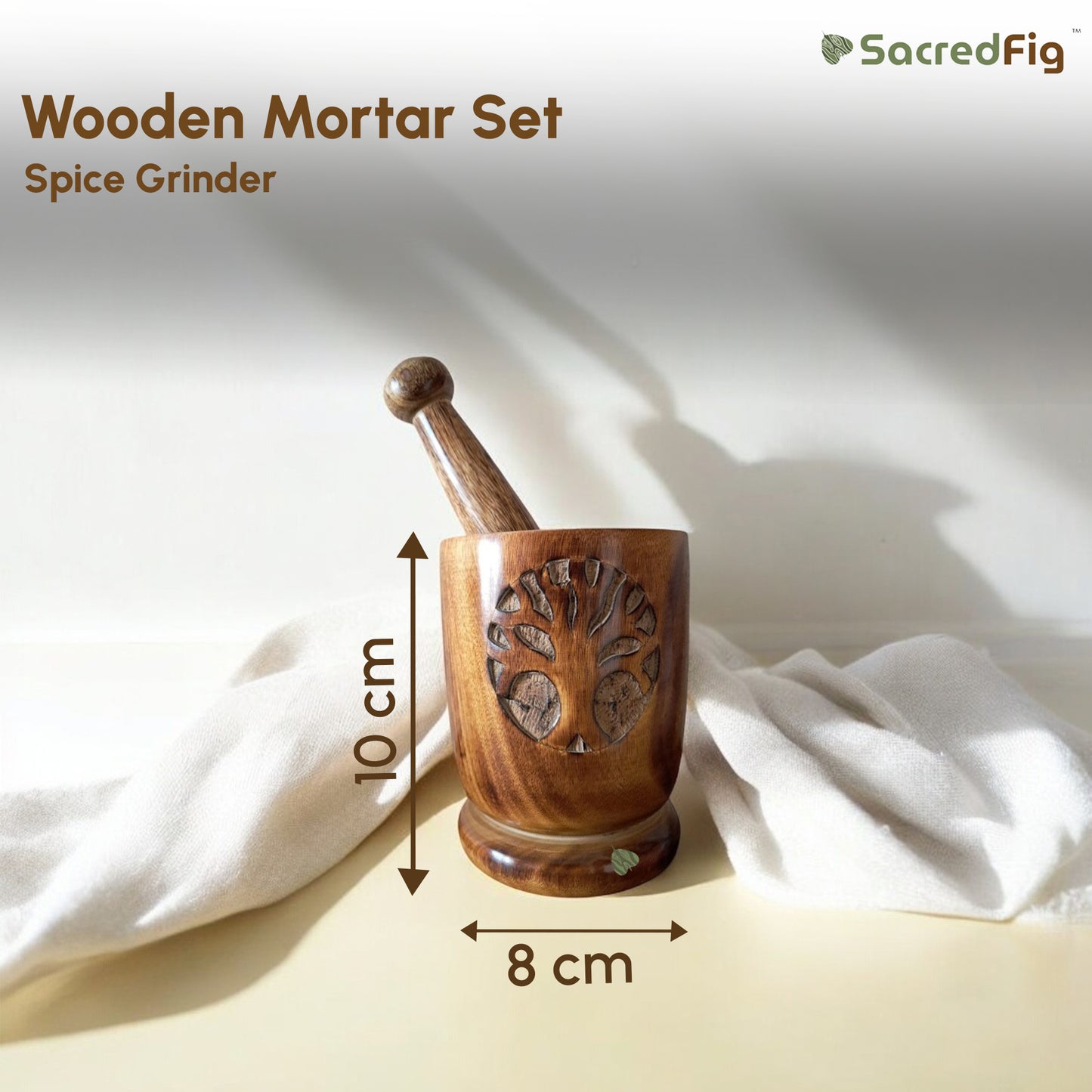 SacredFig Wooden Mortar Set| Okhli Musal for Grinding Spices, Masala Grinder| S,M,L Sizes