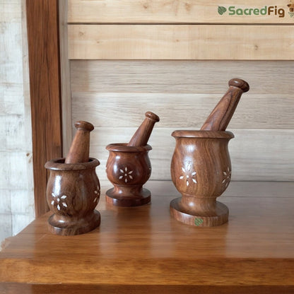 SacredFig Wooden Inlay Mortar set| Okhli Musal for Grinding Spices, Masala Grinder| S,M,L Sizes
