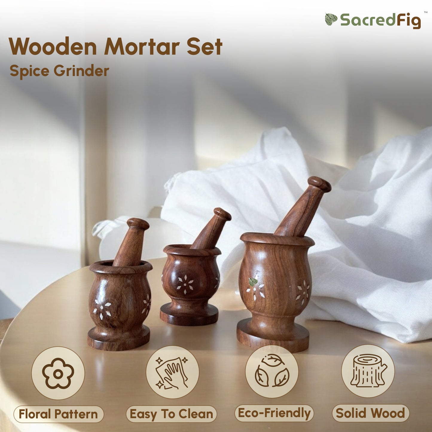 SacredFig Wooden Inlay Mortar set| Okhli Musal for Grinding Spices, Masala Grinder| S,M,L Sizes