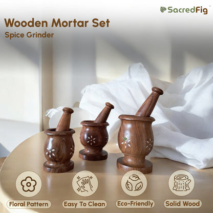 SacredFig Wooden Inlay Mortar set| Okhli Musal for Grinding Spices, Masala Grinder| S,M,L Sizes