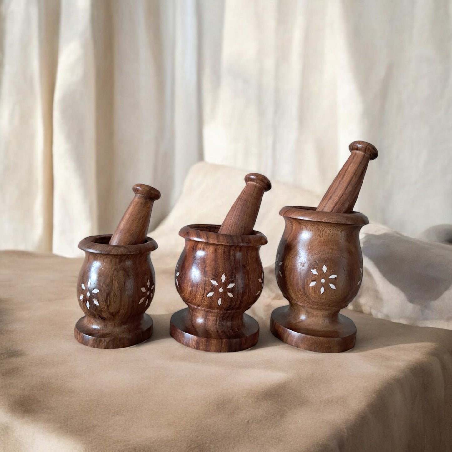 SacredFig Wooden Inlay Mortar set| Okhli Musal for Grinding Spices, Masala Grinder| S,M,L Sizes