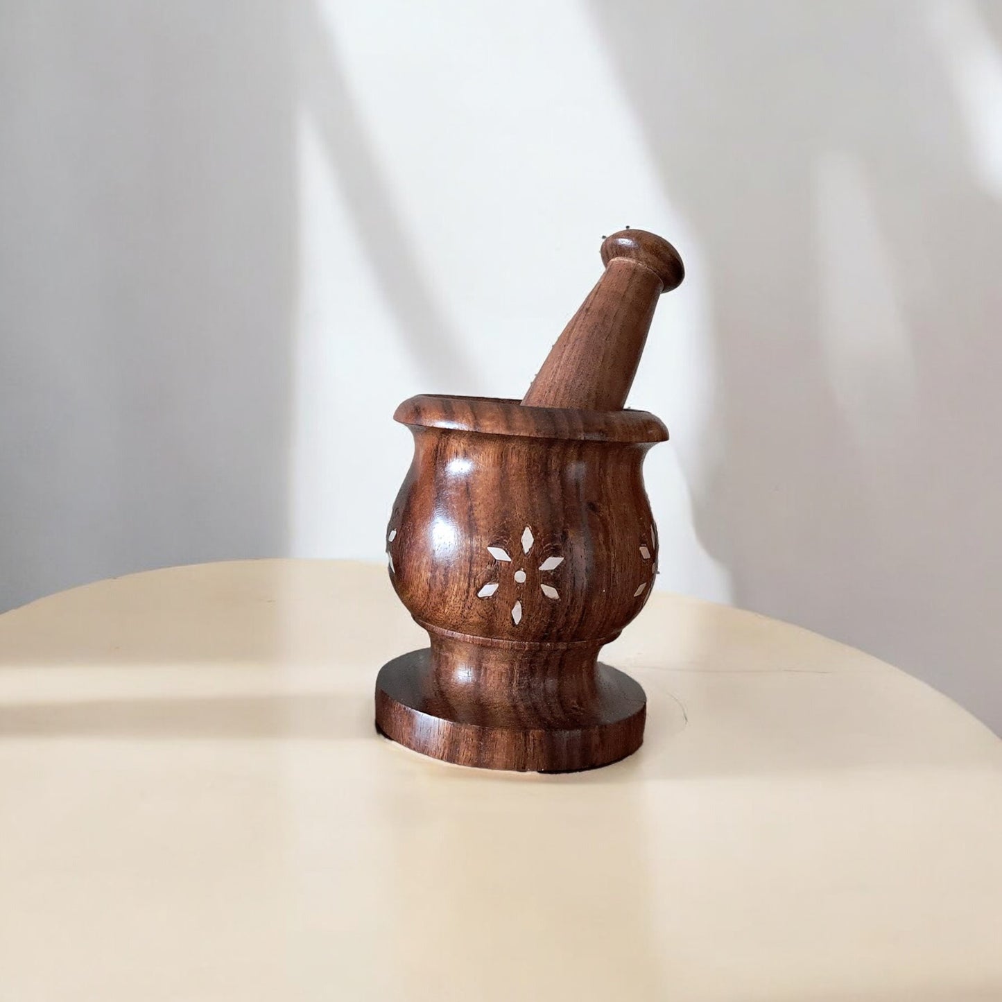 SacredFig Wooden Inlay Mortar set| Okhli Musal for Grinding Spices, Masala Grinder| S,M,L Sizes