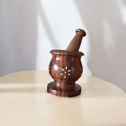 SacredFig Wooden Inlay Mortar set| Okhli Musal for Grinding Spices, Masala Grinder| S,M,L Sizes