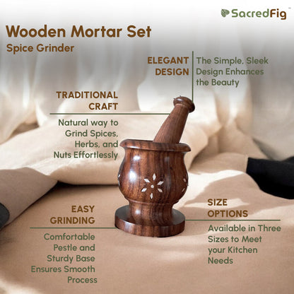 SacredFig Wooden Inlay Mortar set| Okhli Musal for Grinding Spices, Masala Grinder| S,M,L Sizes