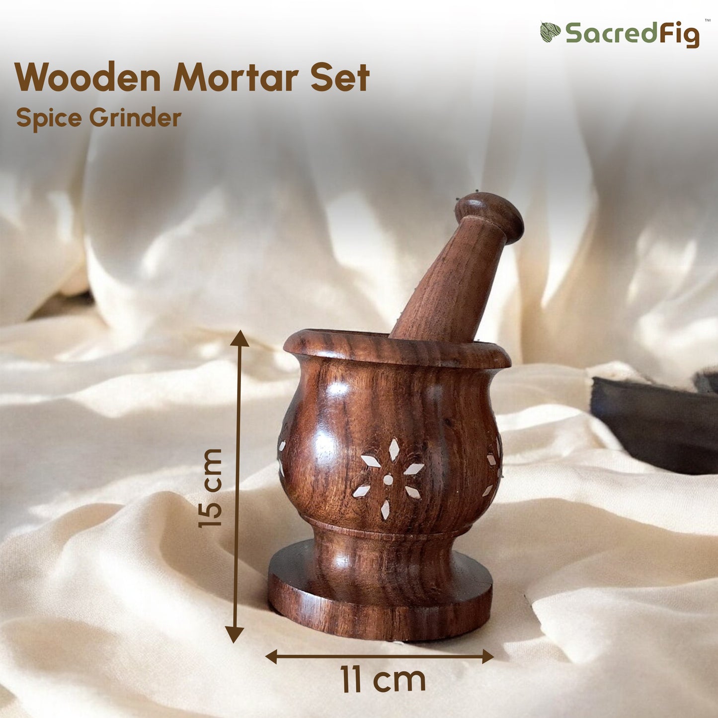 SacredFig Wooden Inlay Mortar set| Okhli Musal for Grinding Spices, Masala Grinder| S,M,L Sizes