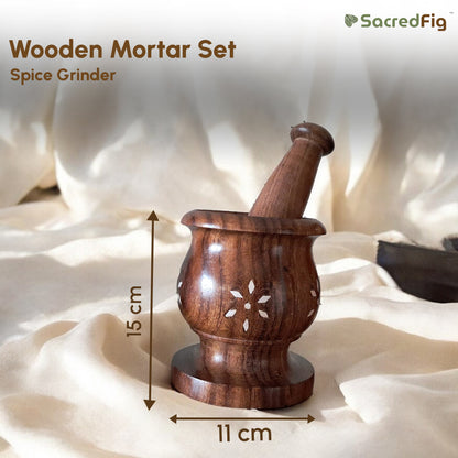 SacredFig Wooden Inlay Mortar set| Okhli Musal for Grinding Spices, Masala Grinder| S,M,L Sizes