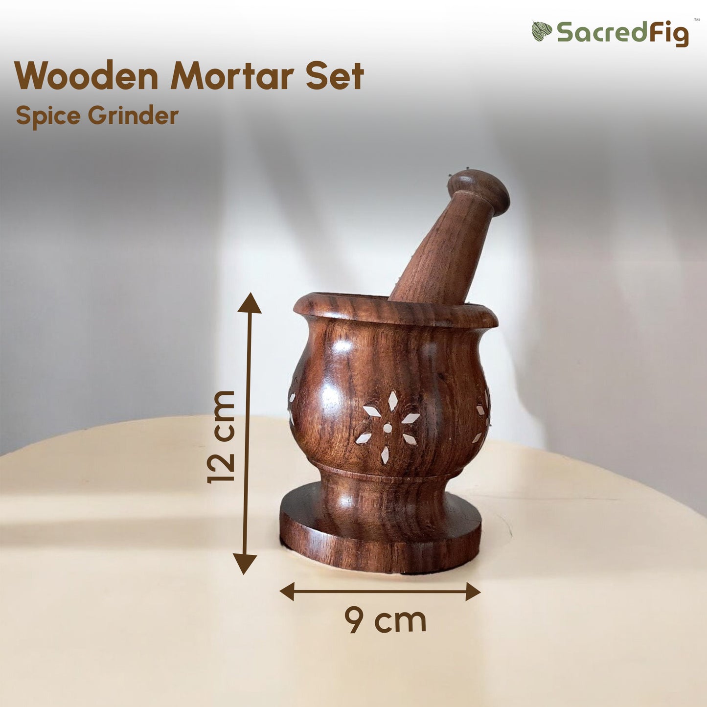 SacredFig Wooden Inlay Mortar set| Okhli Musal for Grinding Spices, Masala Grinder| S,M,L Sizes