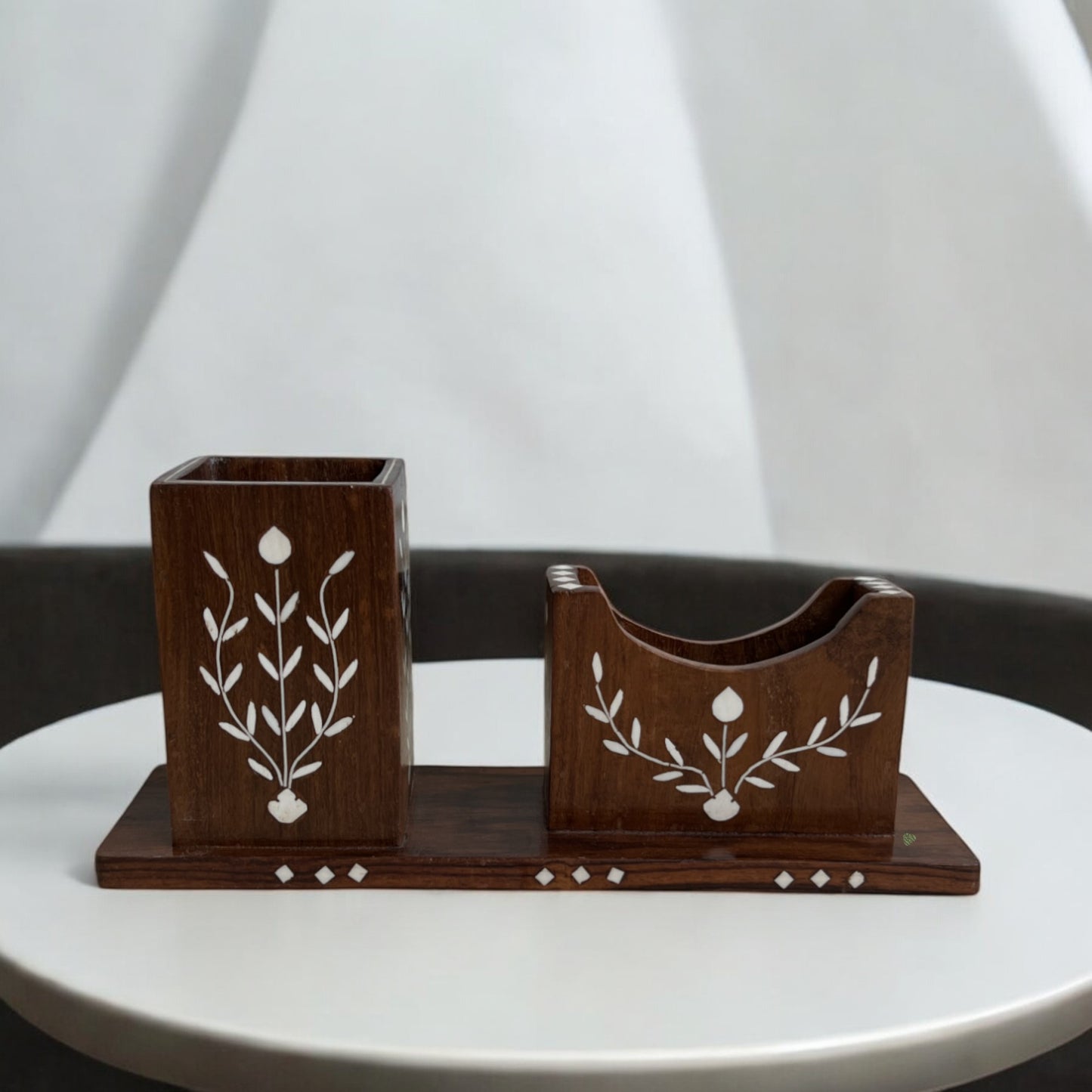 SacredFig Handcrafted Desk Organizer | 10x3 Inch | Wooden Pen & Phone Holder with Inlay Work