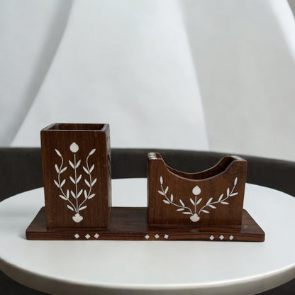 SacredFig Handcrafted Desk Organizer | 10x3 Inch | Wooden Pen & Phone Holder with Inlay Work