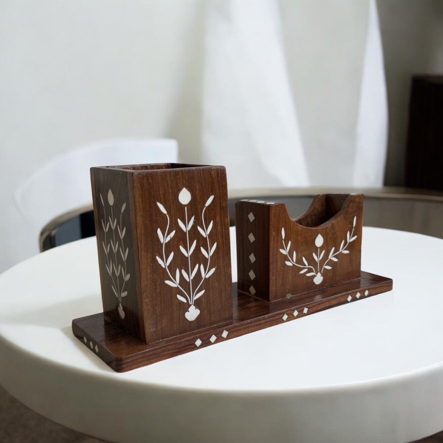 SacredFig Handcrafted Desk Organizer | 10x3 Inch | Wooden Pen & Phone Holder with Inlay Work