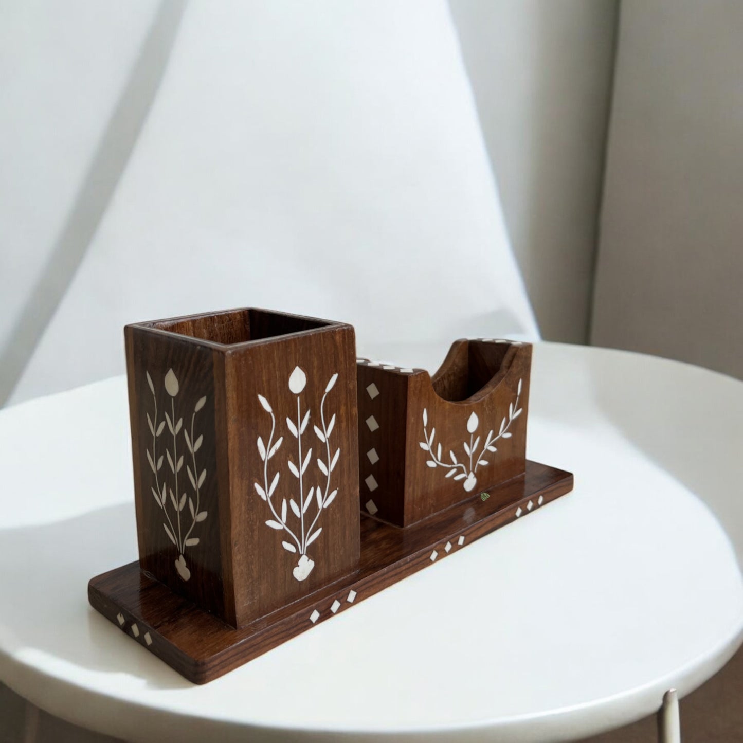 SacredFig Handcrafted Desk Organizer | 10x3 Inch | Wooden Pen & Phone Holder with Inlay Work