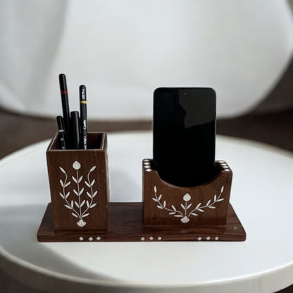 SacredFig Handcrafted Desk Organizer | 10x3 Inch | Wooden Pen & Phone Holder with Inlay Work