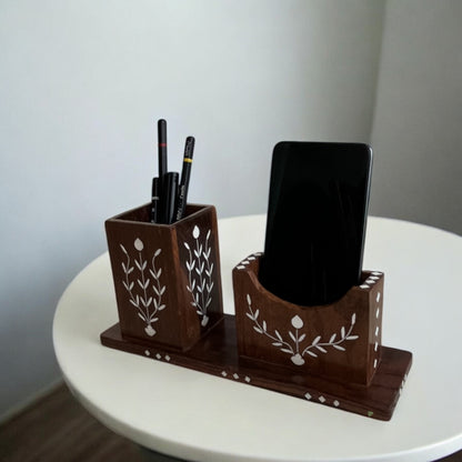 SacredFig Handcrafted Desk Organizer | 10x3 Inch | Wooden Pen & Phone Holder with Inlay Work
