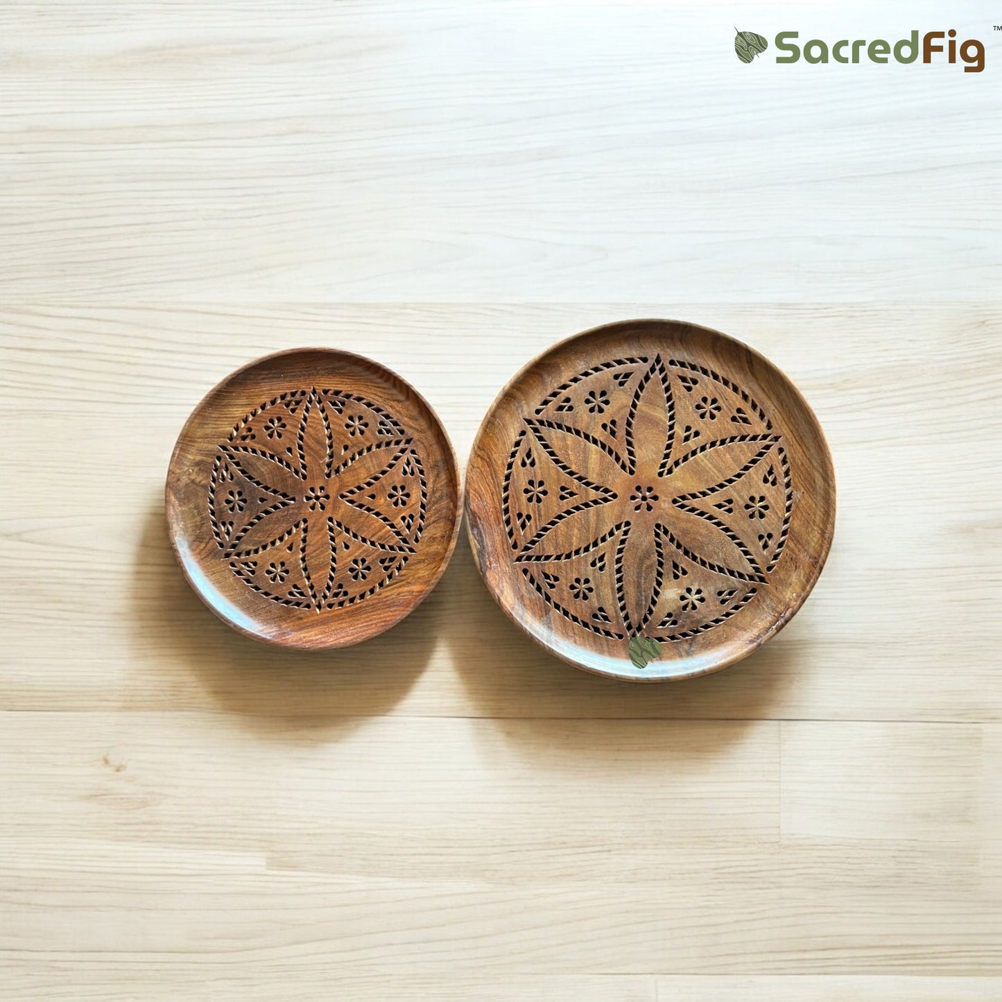 SacredFig Serving Plate and Tray| Wooden Plate| Flower Carving Tray | S, L sizes