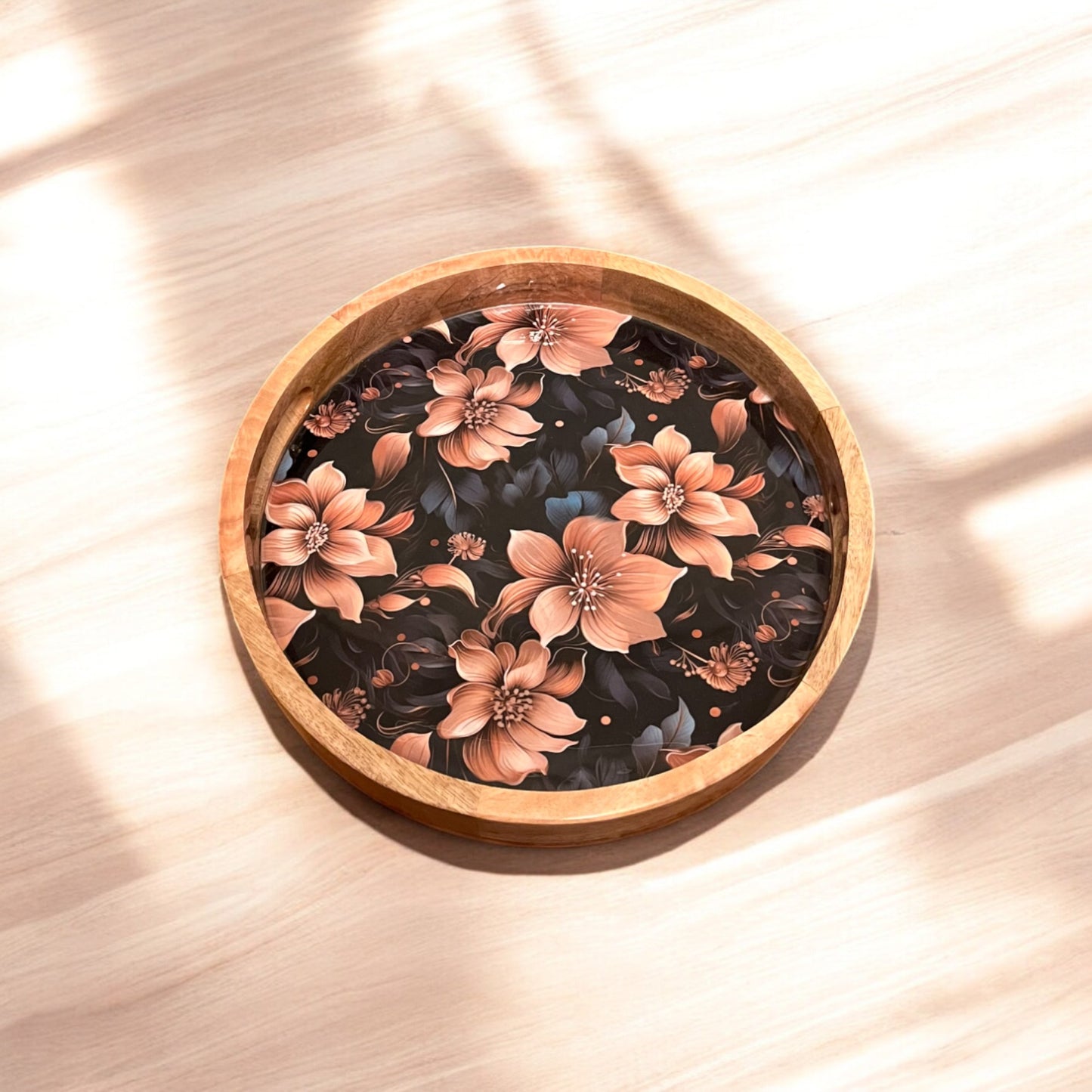 SacredFig Resin Serving Tray| Round Multicolored Floral Tray| Serving Tray | 12 in (d)