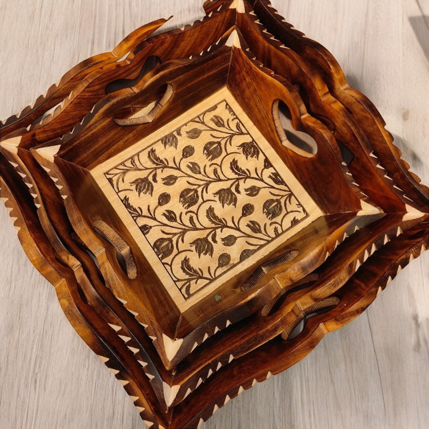 SacredFig Wooden Serving Decorative Tray Set - Floral Pattern (Pack of 3)