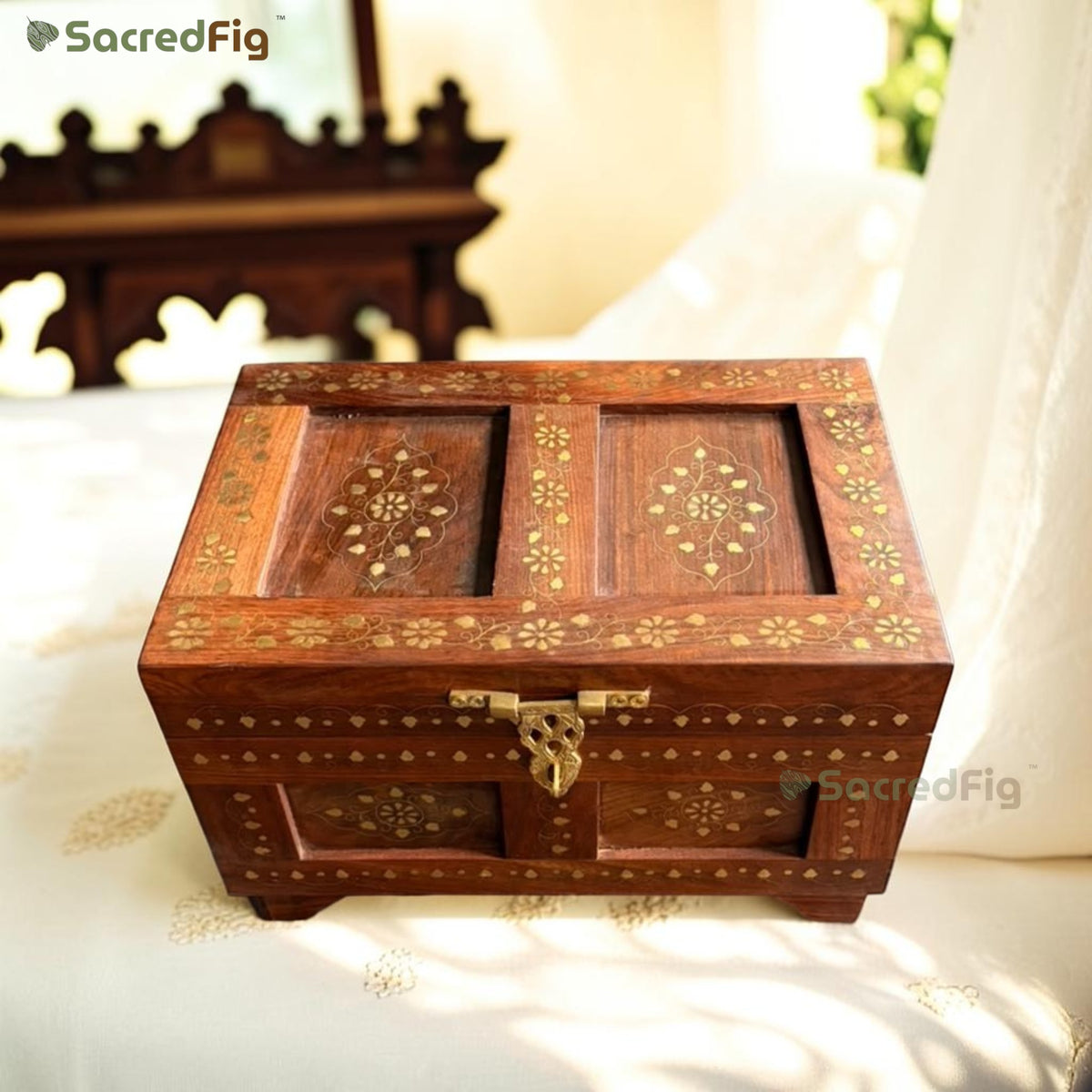 SacredFig Premium Jewellery Box – 15x10 Inch | Saanjh Brass Inlay Box | Handcrafted Heirloom Organizer