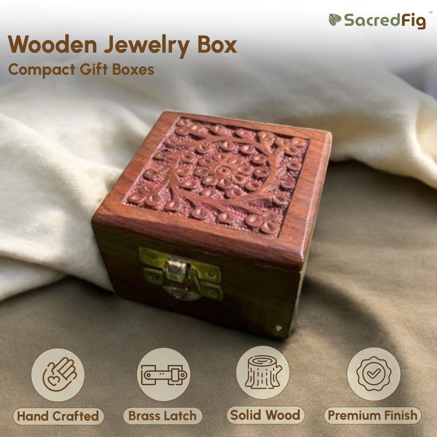Wooden Jewelry Box with Floral Carving | Square Storage Box for Keepsakes & Gifting | 3×3 in